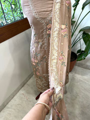 Antique Rose Suit Set with Parsi Gara Embroidery in Mul Chanderi - Masakalee