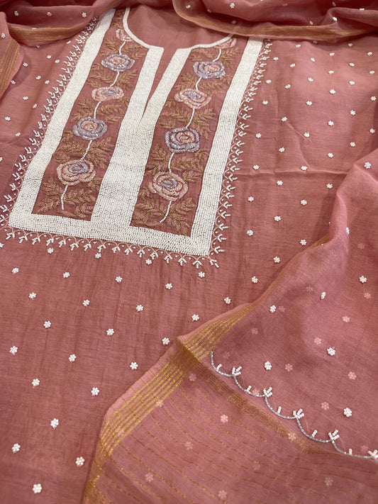 Antique Rose Suit Set with Pearl, Cut Daana and Thread Handwork in Pure Mul Chanderi - Masakalee