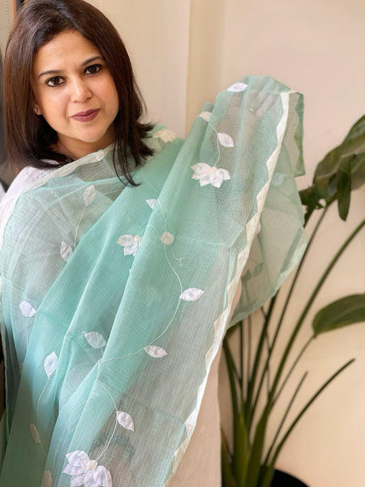 Aqua Blue Applique handwork Dupatta in Kota Cotton - Masakalee