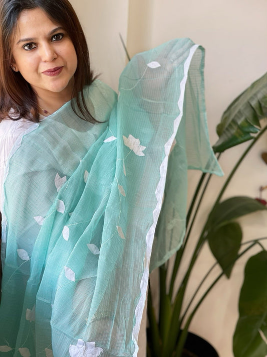 Aqua Blue Applique handwork Dupatta in Kota Cotton - Masakalee