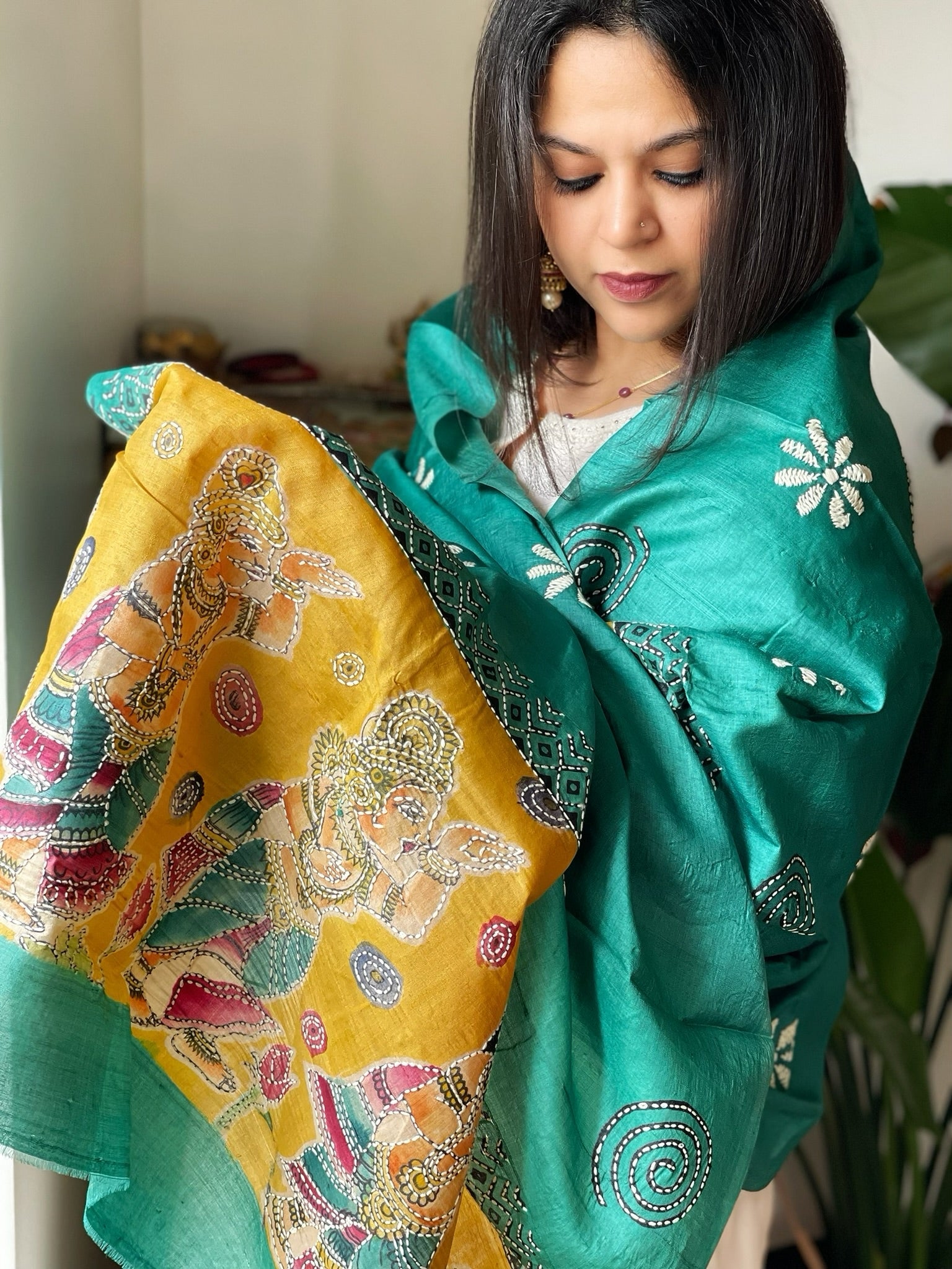 Aqua Blue Handpainted Dupatta with Kantha Hand Embroidery in Pure Silk - Masakalee