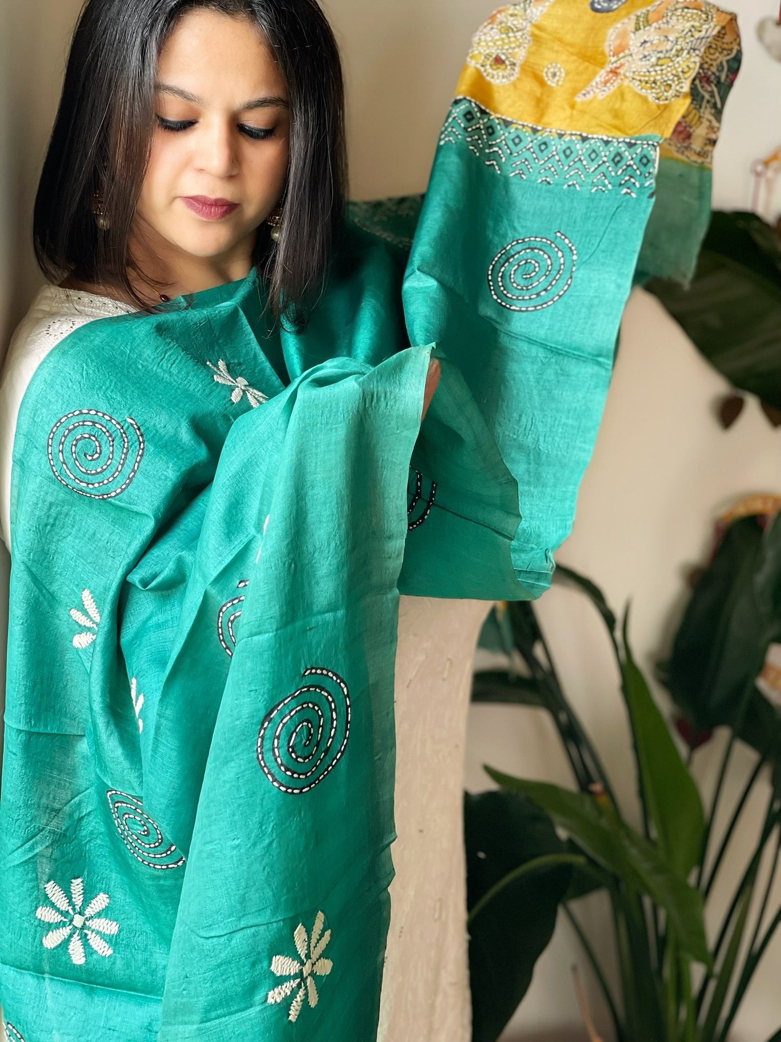 Aqua Blue Handpainted Dupatta with Kantha Hand Embroidery in Pure Silk - Masakalee