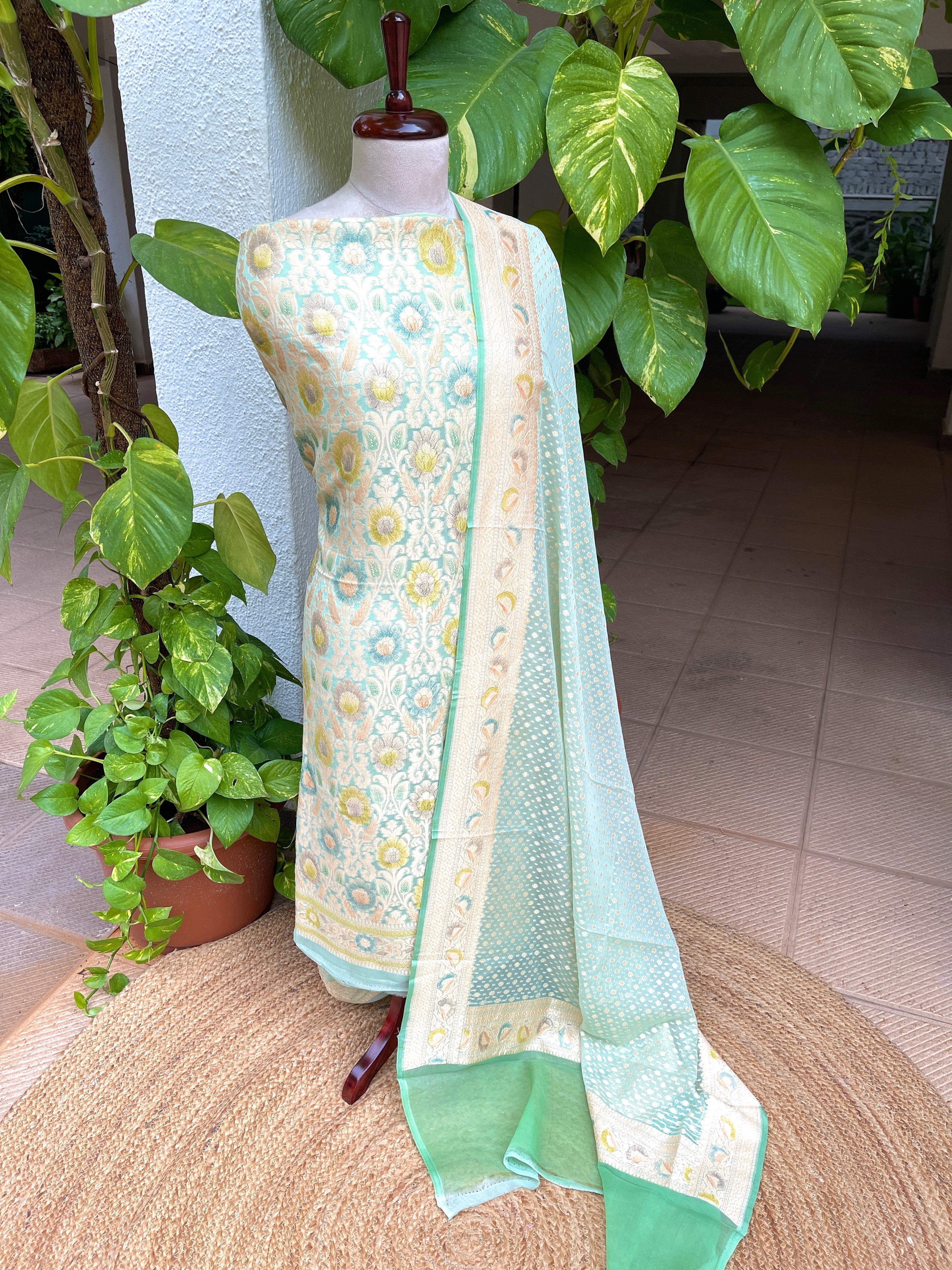 Aqua Blue Handwoven Khaddi 3 - Piece Suit Set in Pure Georgette - Masakalee