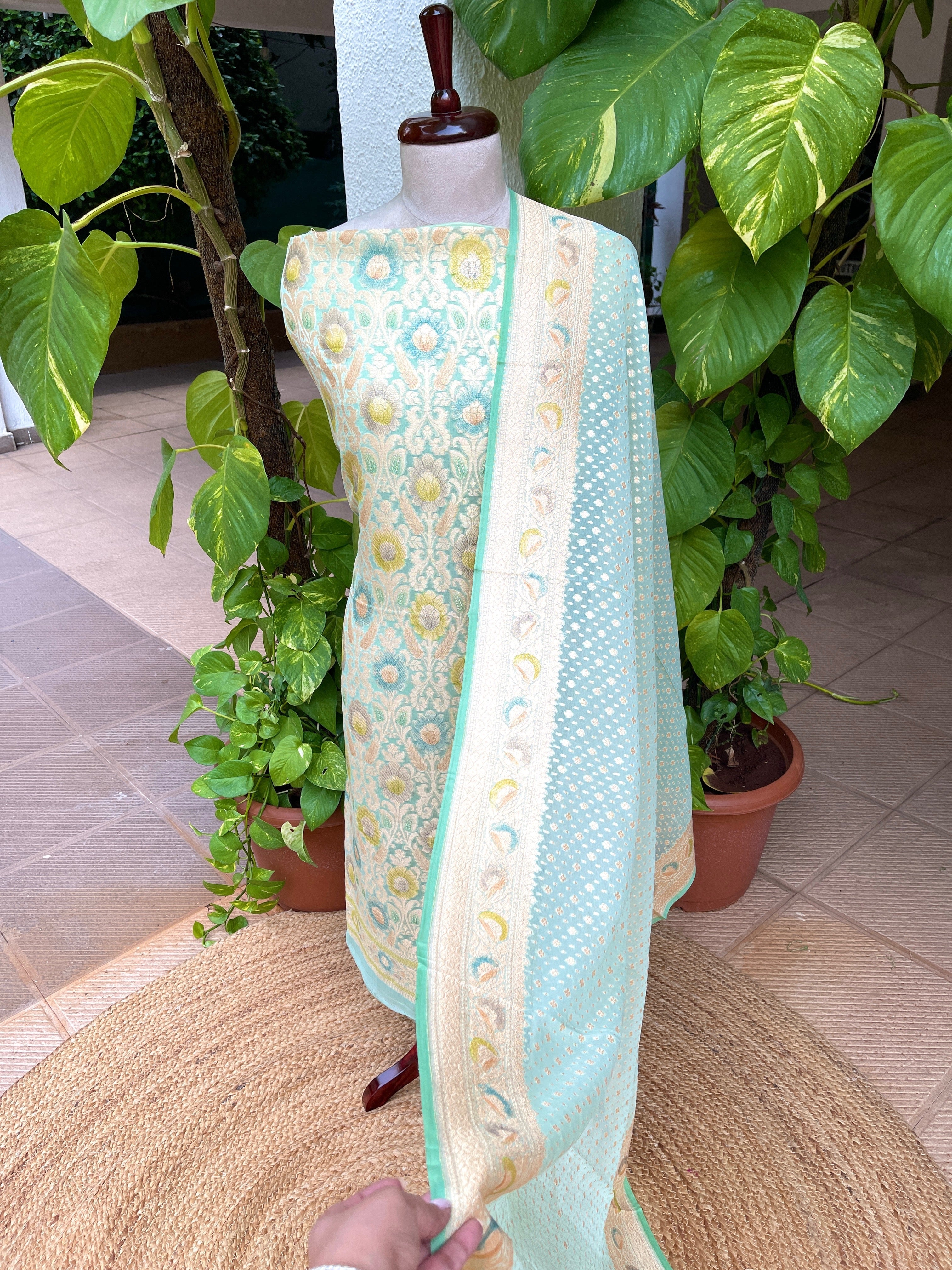 Aqua Blue Handwoven Khaddi 3 - Piece Suit Set in Pure Georgette - Masakalee
