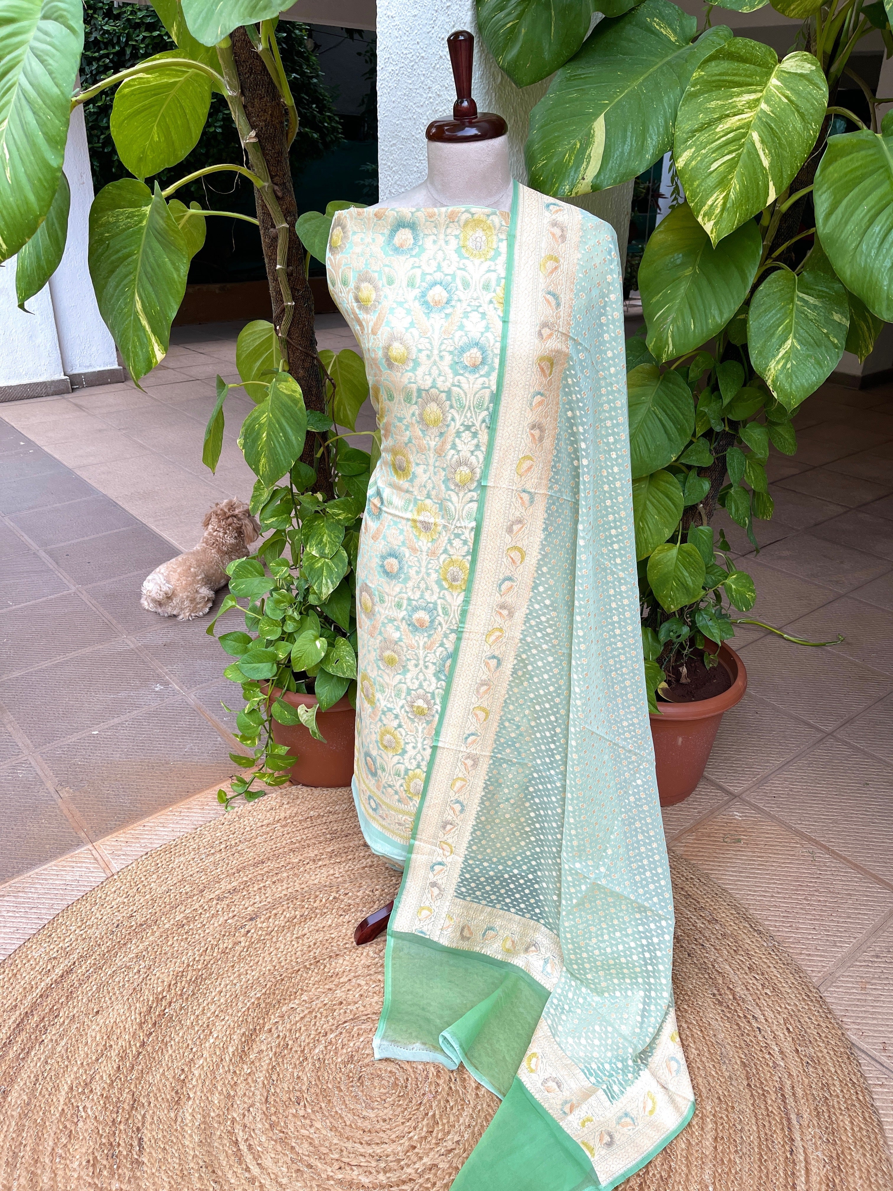 Aqua Blue Handwoven Khaddi 3 - Piece Suit Set in Pure Georgette - Masakalee