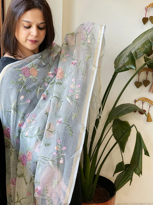 Aqua Blue Kota Cotton Dupatta with Thread Embroidery - Masakalee