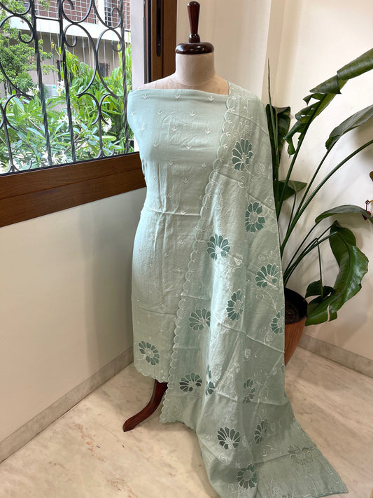 Aqua Blue Mul Chanderi Suit Set with Cut Work - Masakalee