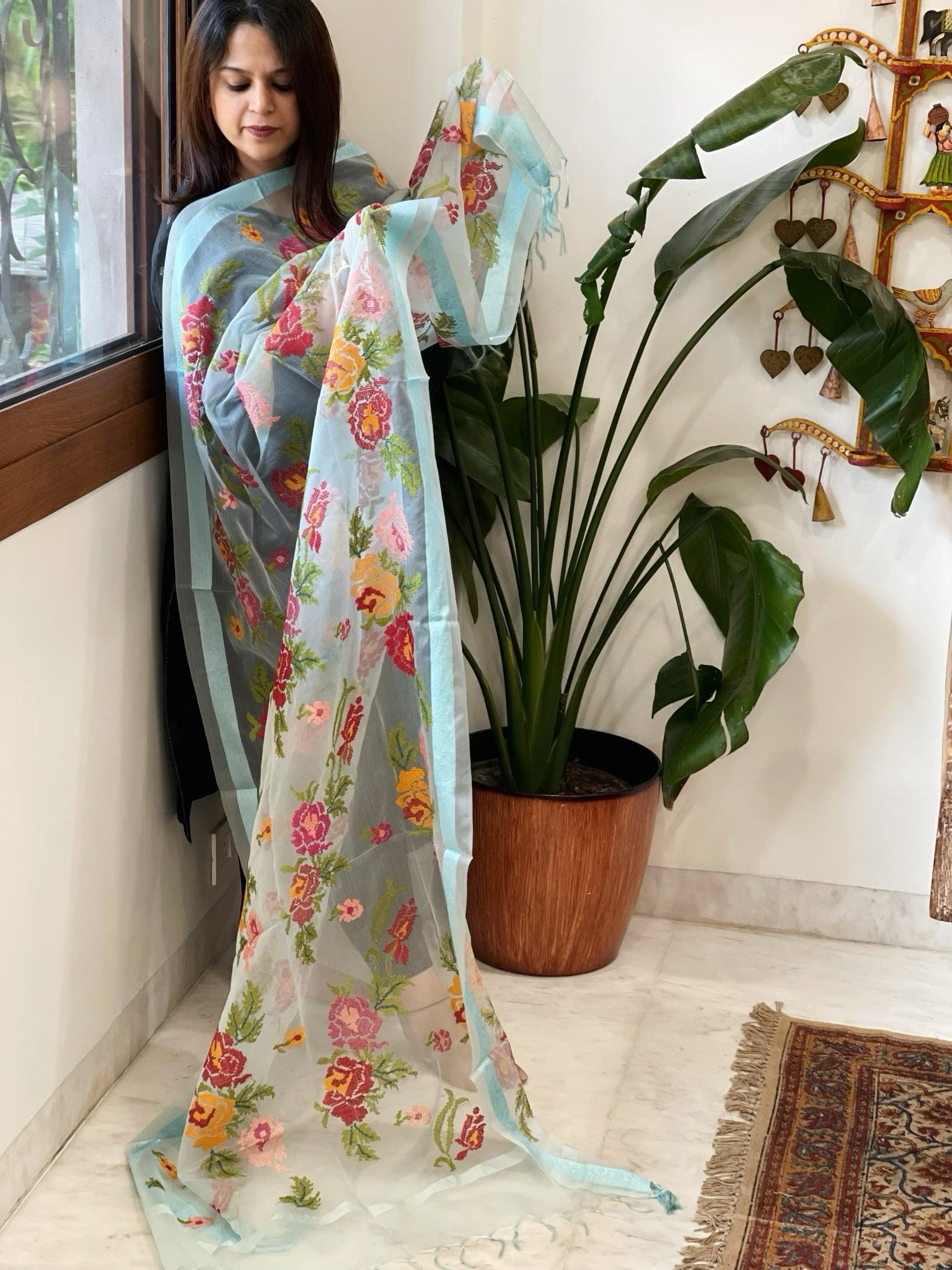 Aqua Blue Organza Dupatta with cross - stitch embroidery - Masakalee