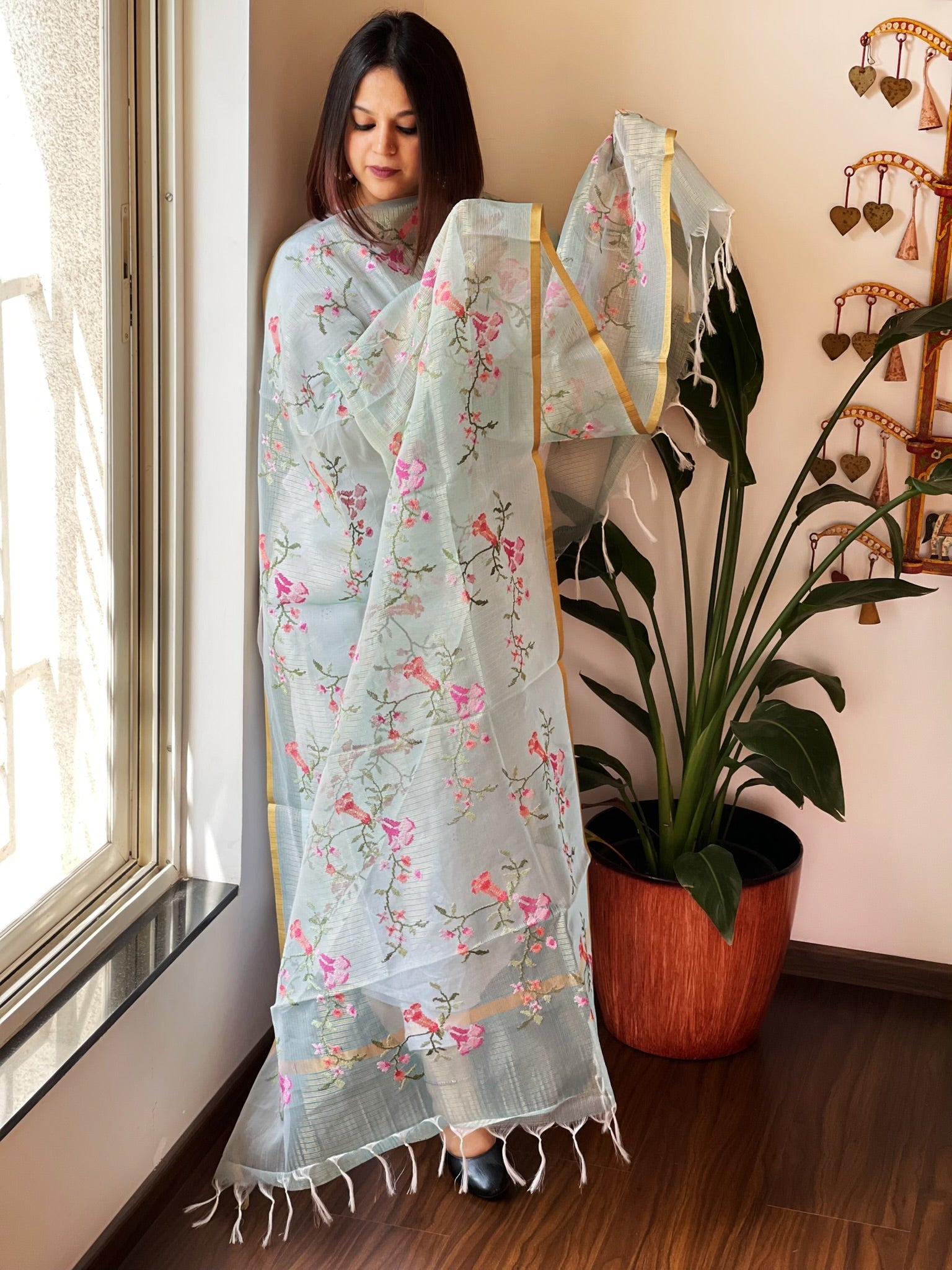 Aqua Blue Organza Dupatta with cross - stitch embroidery - Masakalee