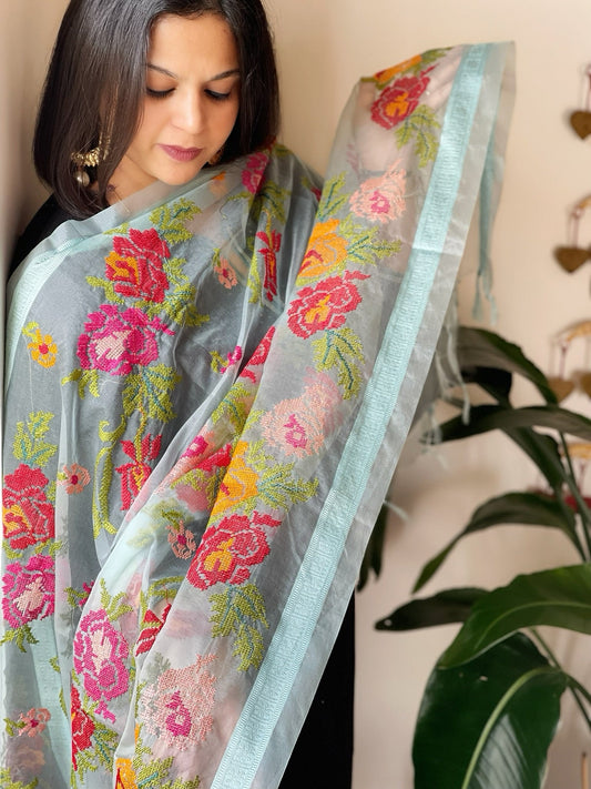 Aqua Blue Organza Dupatta with cross - stitch embroidery - Masakalee