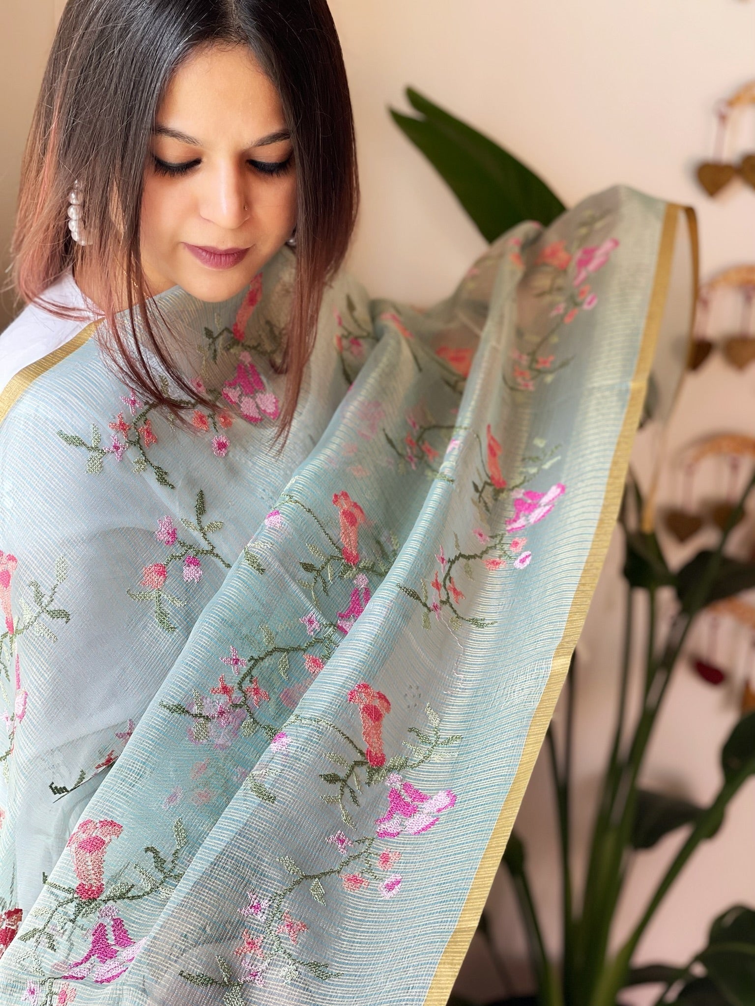 Aqua Blue Organza Dupatta with cross - stitch embroidery - Masakalee