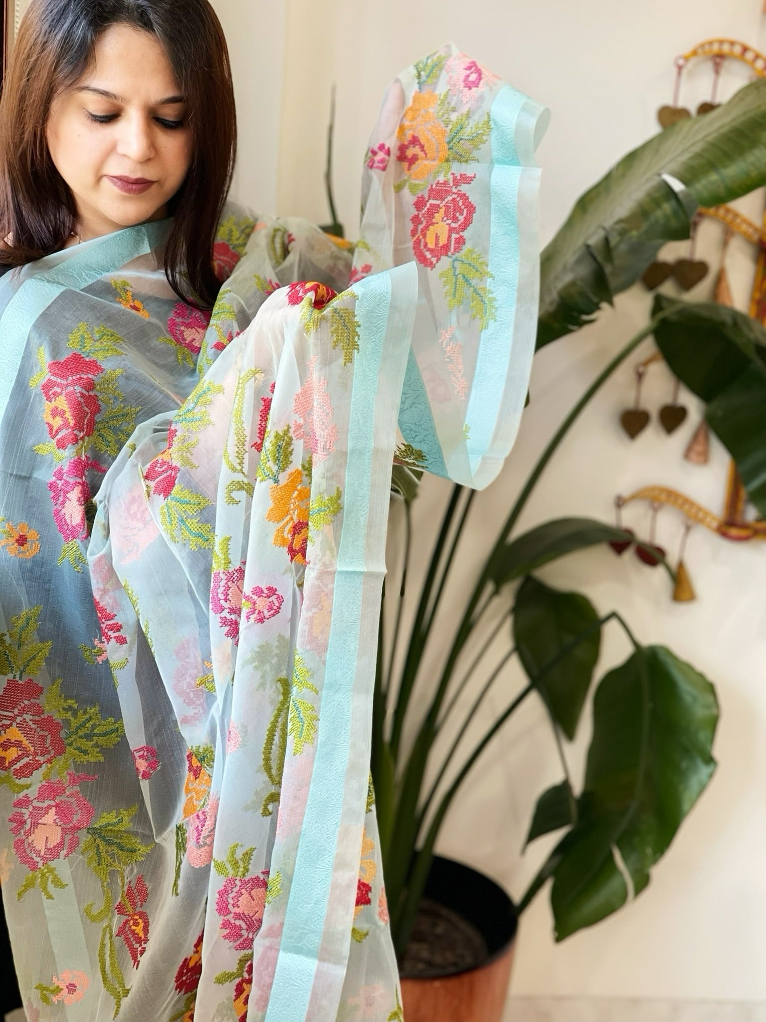 Aqua Blue Organza Dupatta with cross - stitch embroidery - Masakalee