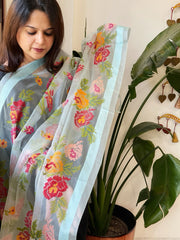 Aqua Blue Organza Dupatta with cross - stitch embroidery - Masakalee