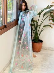 Aqua Blue Organza Dupatta with Thread Embroidery - Masakalee