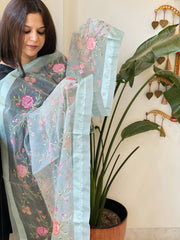 Aqua Blue Organza Dupatta with Thread Embroidery - Masakalee
