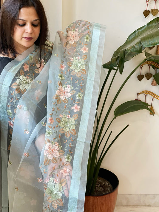 Aqua Blue Organza Dupatta with Thread Embroidery - Masakalee