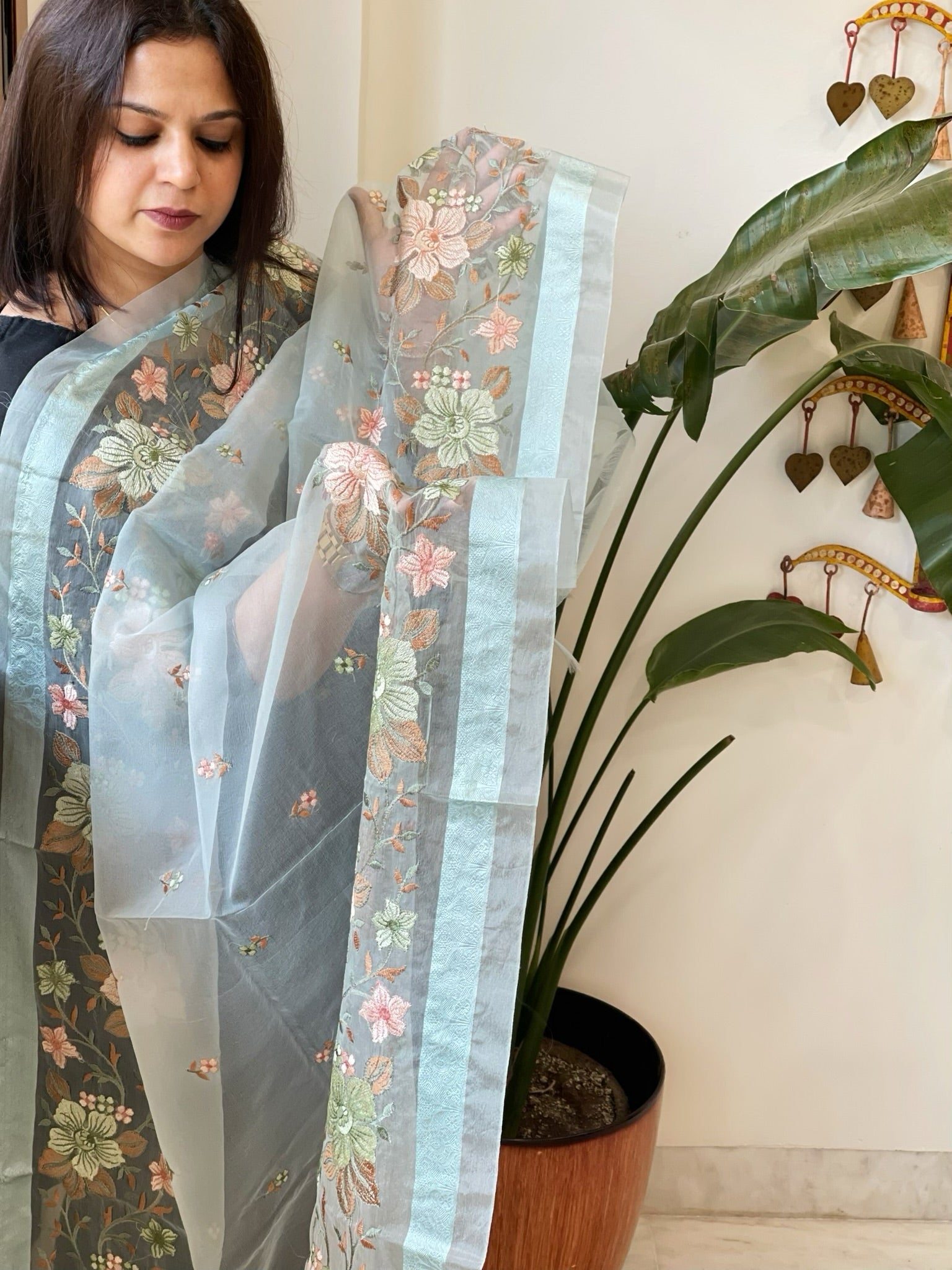 Aqua Blue Organza Dupatta with Thread Embroidery - Masakalee