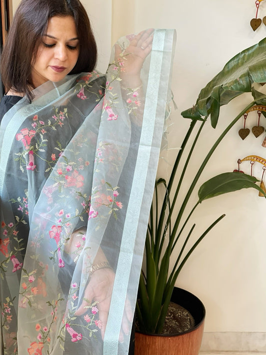 Aqua Blue Organza Dupatta with Thread Embroidery - Masakalee