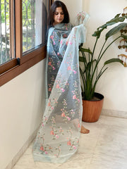 Aqua Blue Organza Dupatta with Thread Embroidery - Masakalee
