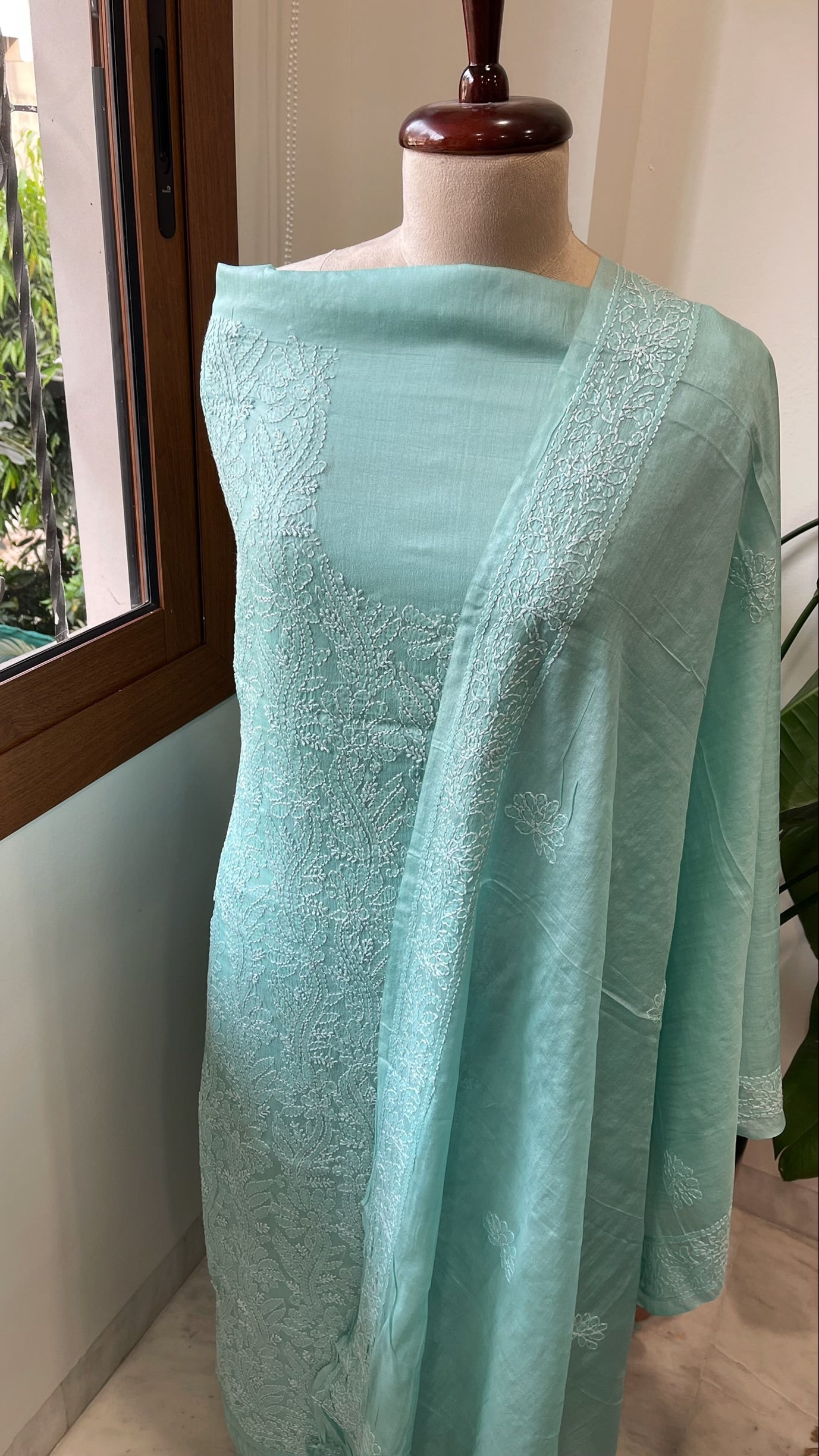 Aqua Blue Suit Set with Lucknowi Handwork in Pure Tussar Silk - Masakalee