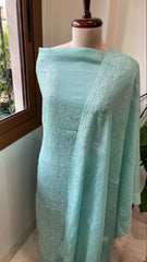 Aqua Blue Suit Set with Lucknowi Handwork in Pure Tussar Silk - Masakalee