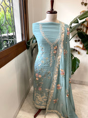 Aqua Blue Suit Set with Parsi Gara Embroidery in Mul Chanderi - Masakalee