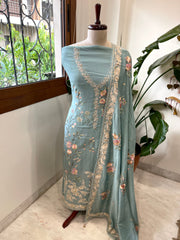 Aqua Blue Suit Set with Parsi Gara Embroidery in Mul Chanderi - Masakalee