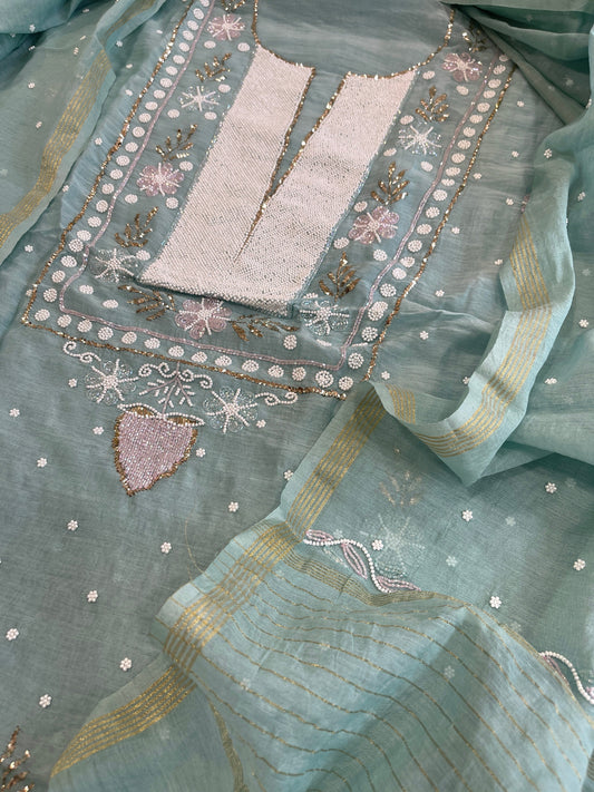 Aqua Blue Suit Set with Pearl, Cut Daana and Mukaish Handwork in Pure Mul Chanderi - Masakalee