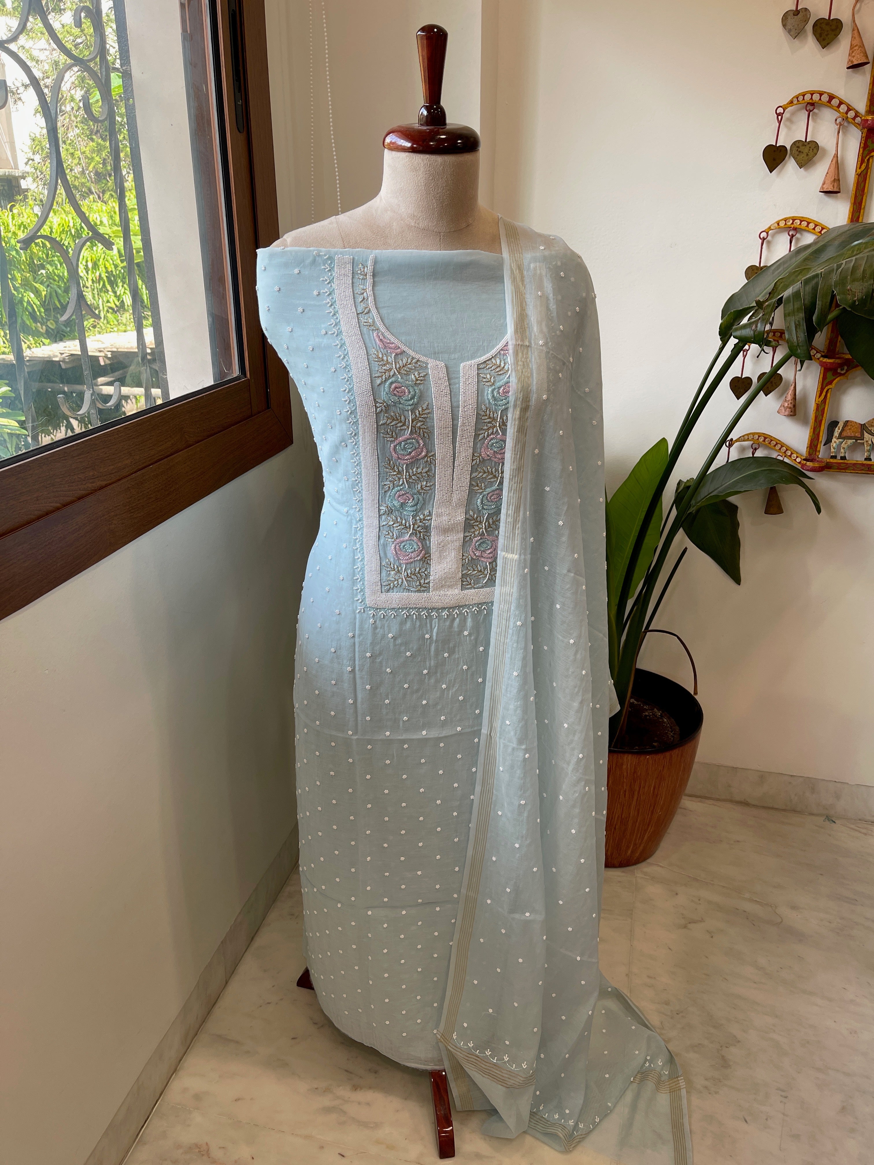 Aqua Blue Suit Set with Pearl, Cut Daana and Thread Handwork in Pure Mul Chanderi - Masakalee
