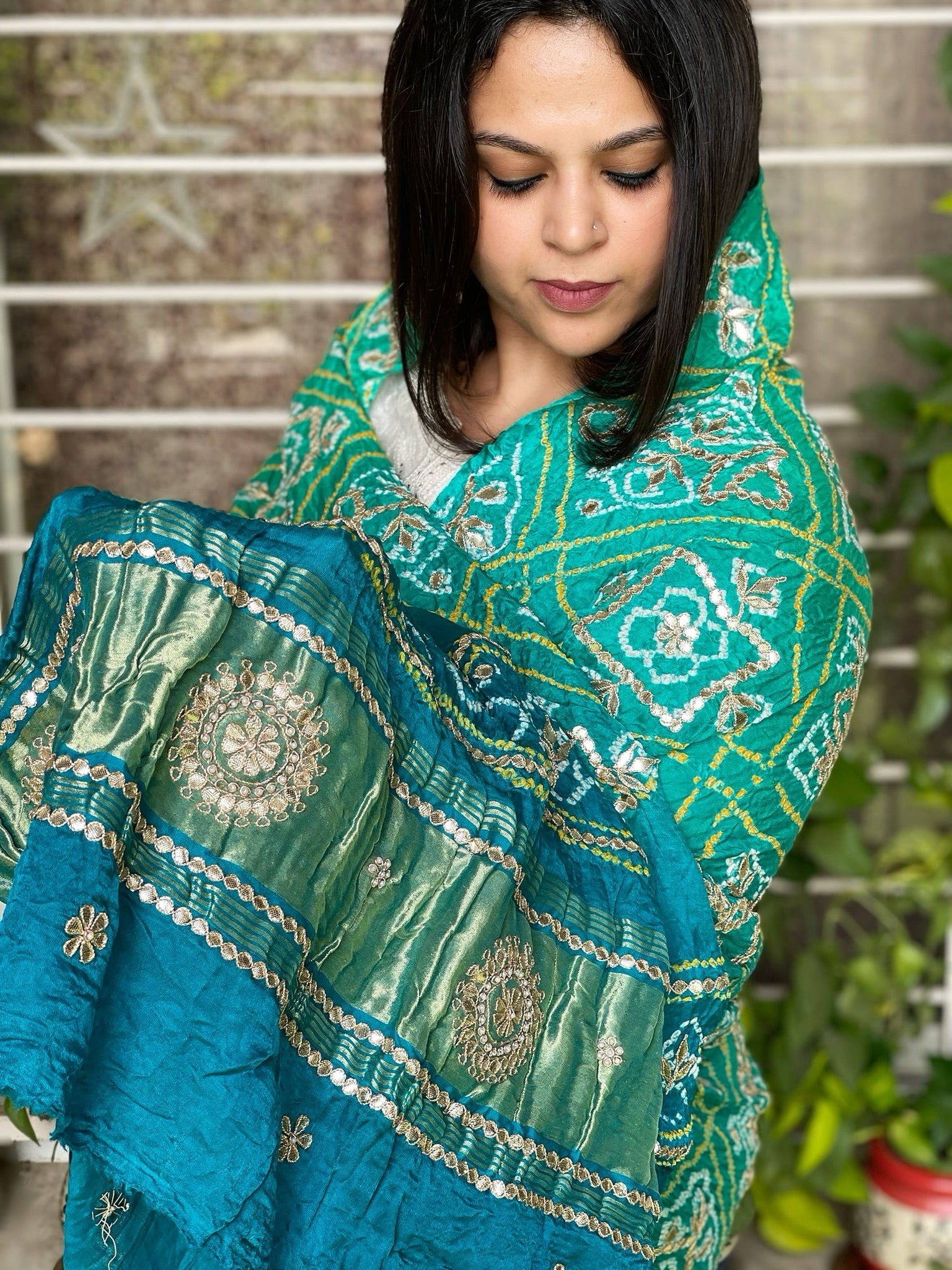 Aqua Green Bandhani Dupatta with Gotapatti Handwork in Pure Silk - Masakalee