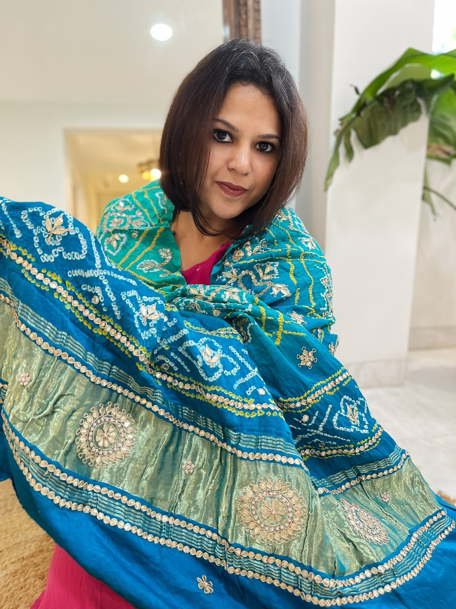 Aqua Green Bandhani Dupatta with Gotapatti Handwork in Pure Silk - Masakalee