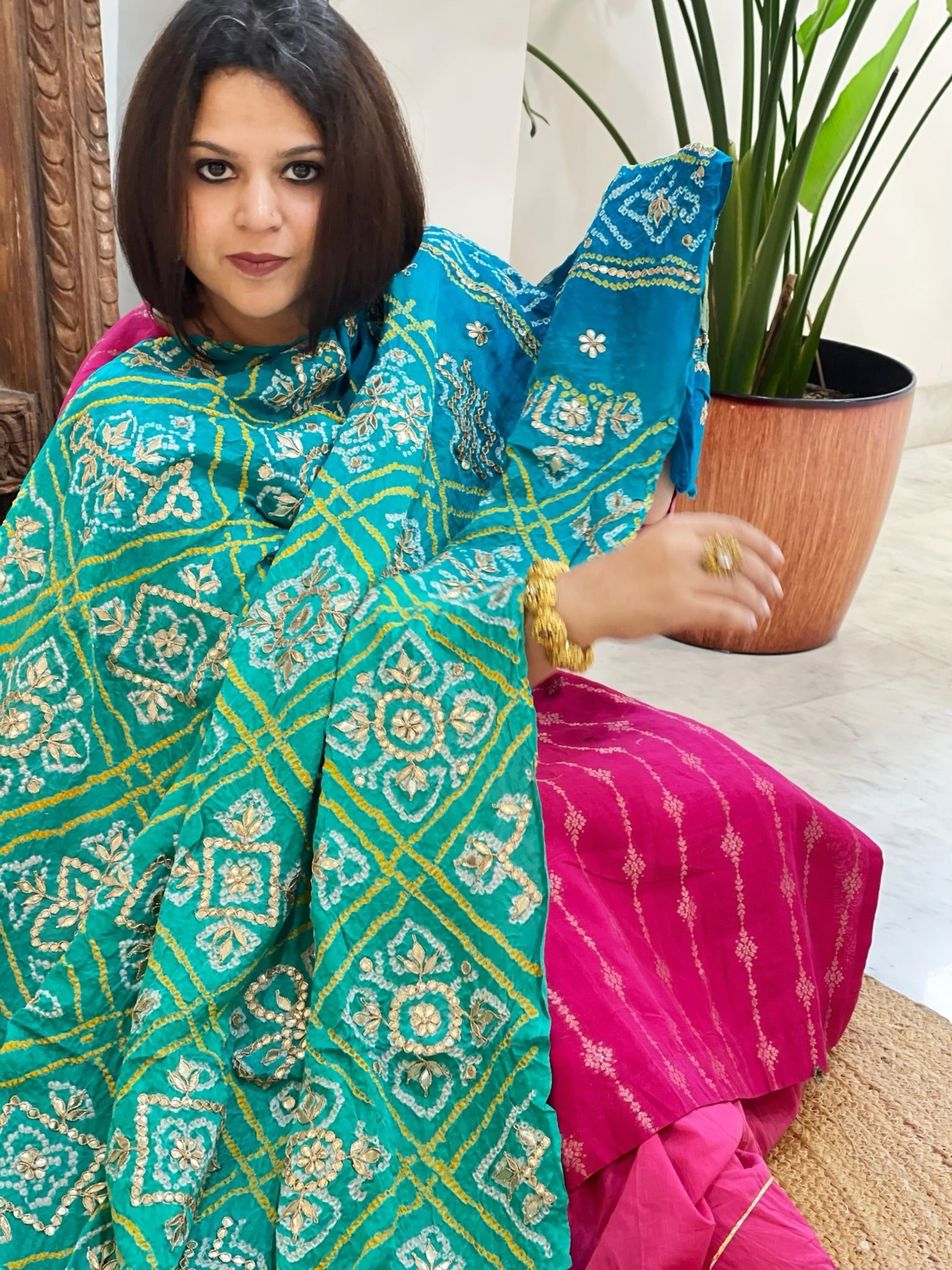 Aqua Green Bandhani Dupatta with Gotapatti Handwork in Pure Silk - Masakalee