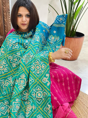 Aqua Green Bandhani Dupatta with Gotapatti Handwork in Pure Silk - Masakalee