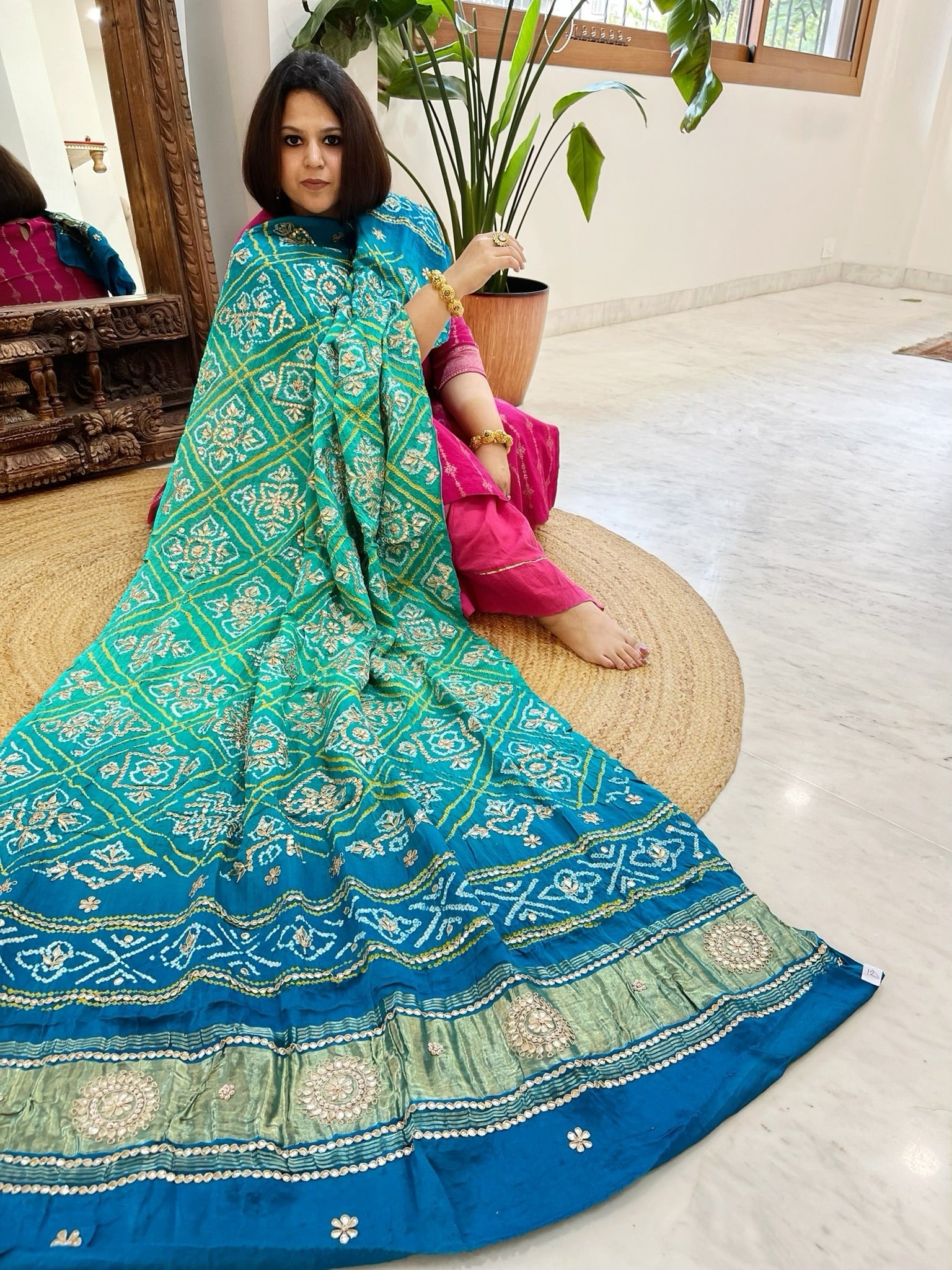 Aqua Green Bandhani Dupatta with Gotapatti Handwork in Pure Silk - Masakalee