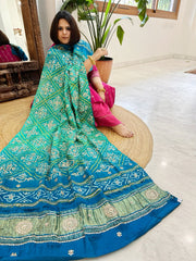 Aqua Green Bandhani Dupatta with Gotapatti Handwork in Pure Silk - Masakalee