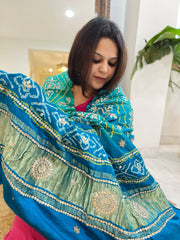Aqua Green Bandhani Dupatta with Gotapatti Handwork in Pure Silk - Masakalee