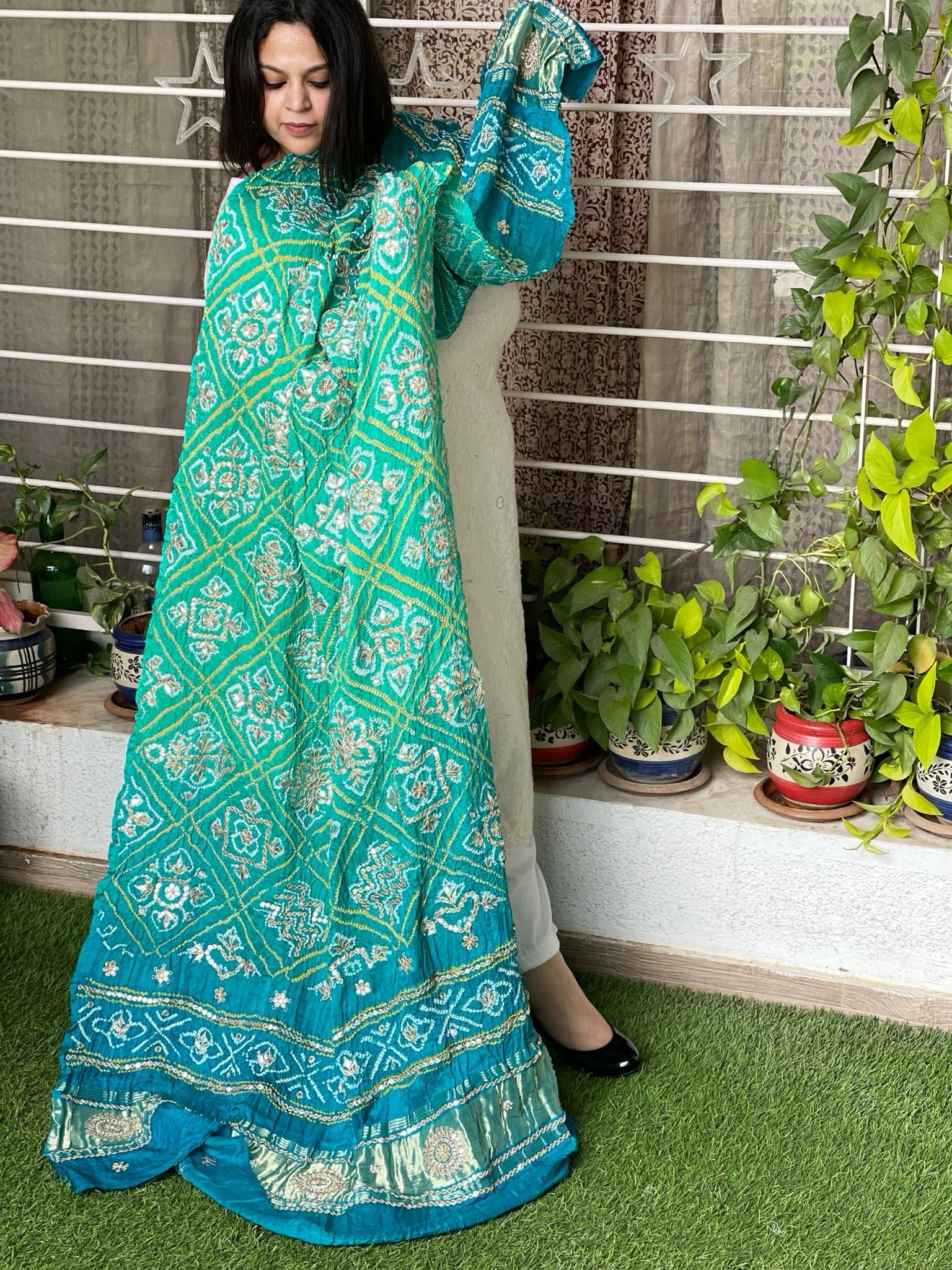 Aqua Green Bandhani Dupatta with Gotapatti Handwork in Pure Silk - Masakalee