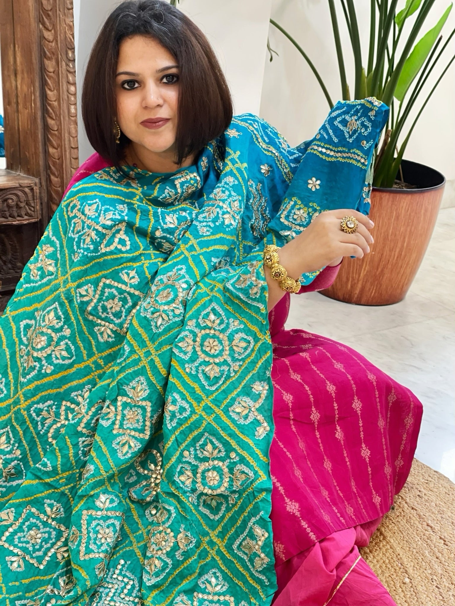 Aqua Green Bandhani Dupatta with Gotapatti Handwork in Pure Silk - Masakalee