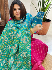 Aqua Green Bandhani Dupatta with Gotapatti Handwork in Pure Silk - Masakalee