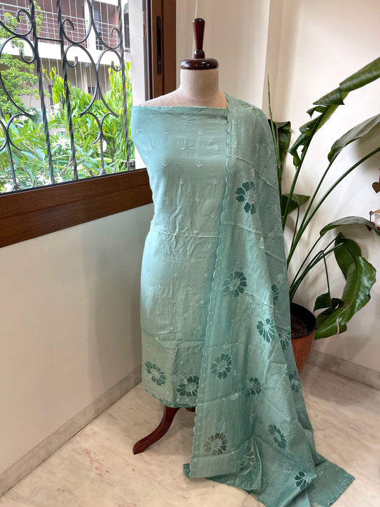 Aqua Green Mul Chanderi Suit Set with Cut Work - Masakalee