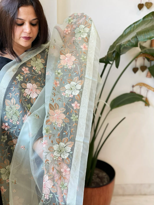 Aqua Green Organza Dupatta with Thread Embroidery - Masakalee