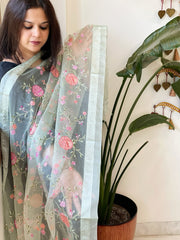 Aqua Green Organza Dupatta with Thread Embroidery - Masakalee