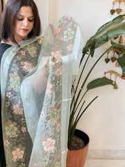 Aqua Green Organza Dupatta with Thread Embroidery - Masakalee