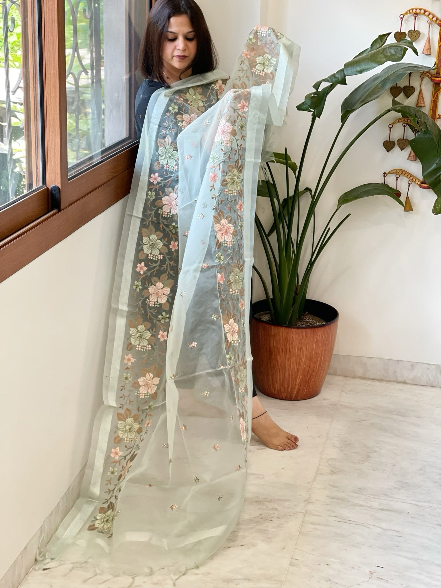 Aqua Green Organza Dupatta with Thread Embroidery - Masakalee