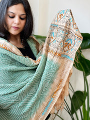 Aqua Green Rai Bandhej Dupatta with Kantha Handwork in Pure Munga Tussar Silk - Masakalee