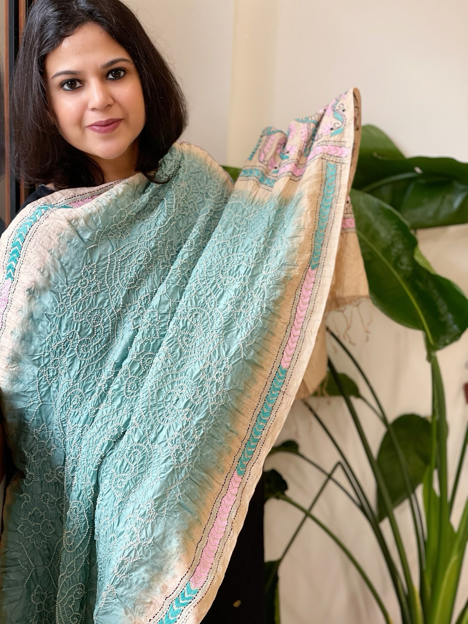 Aqua Green Rai Bandhej Dupatta with Kantha Handwork in Pure Munga Tussar Silk - Masakalee