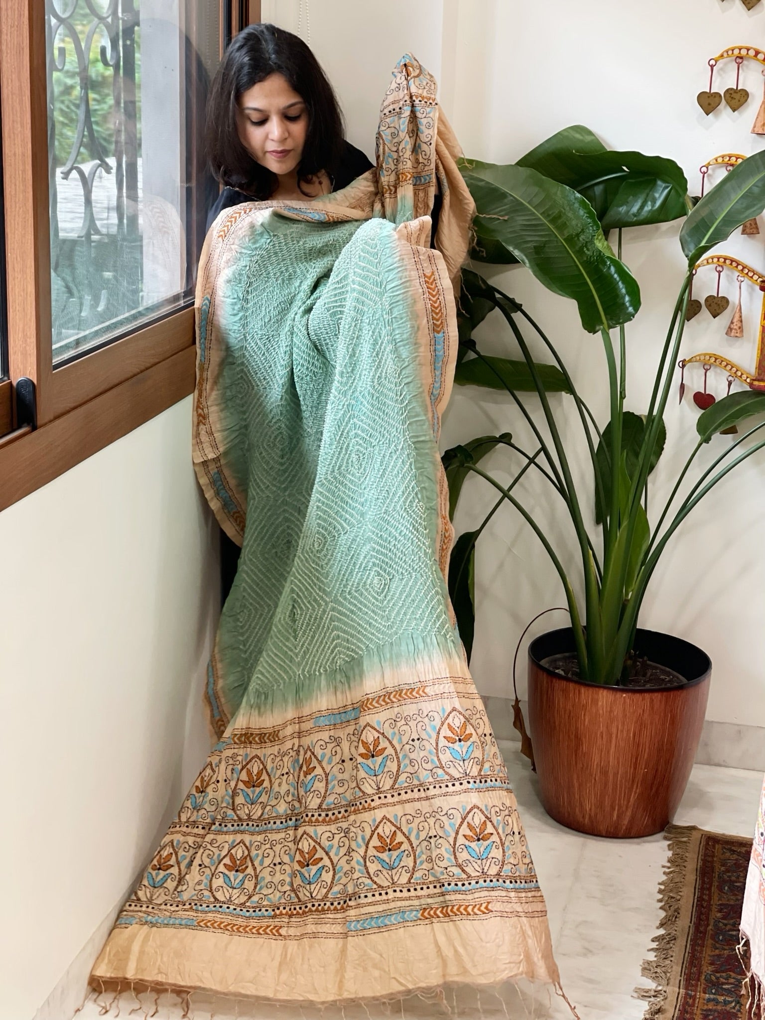 Aqua Green Rai Bandhej Dupatta with Kantha Handwork in Pure Munga Tussar Silk - Masakalee