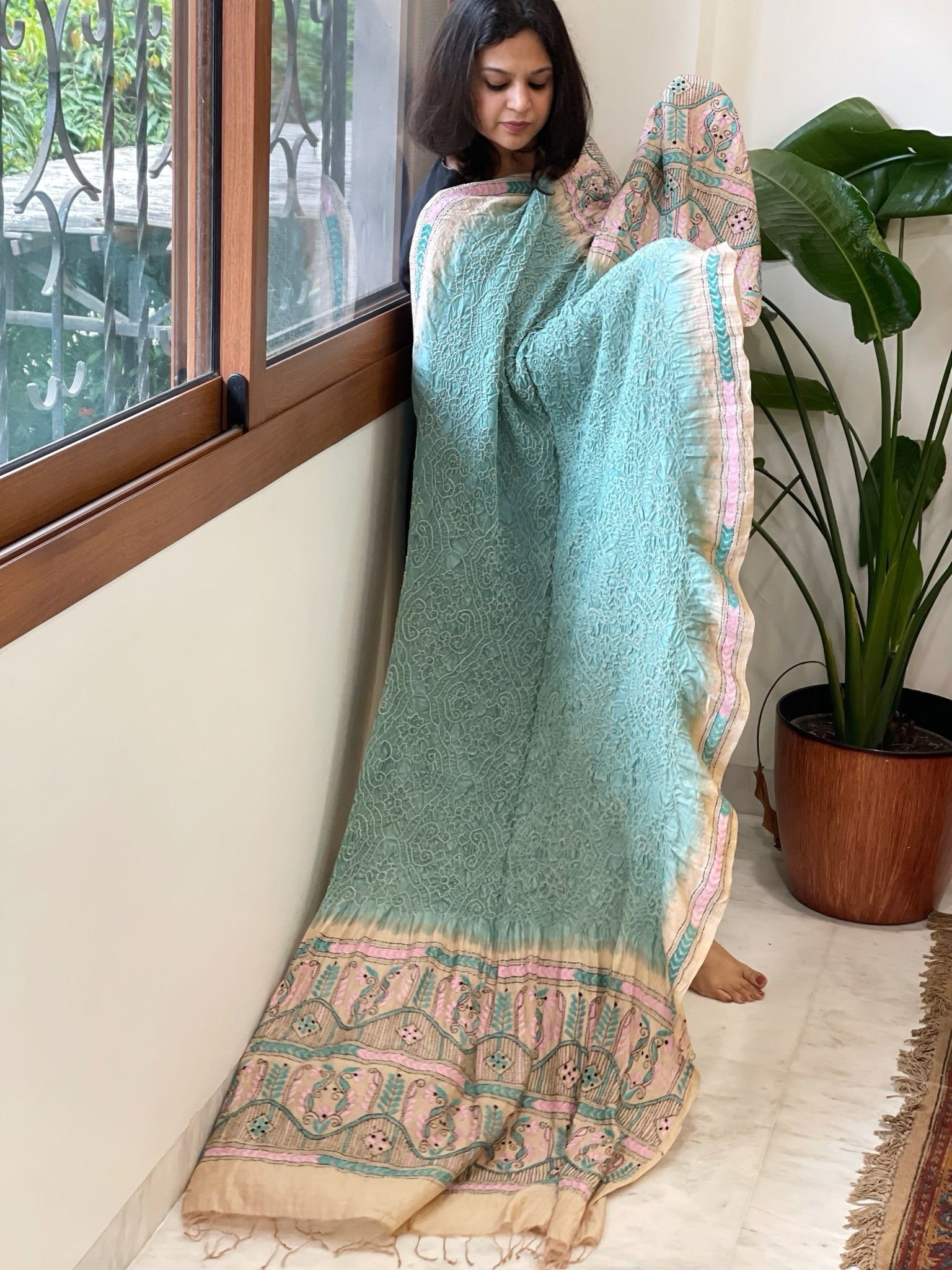 Aqua Green Rai Bandhej Dupatta with Kantha Handwork in Pure Munga Tussar Silk - Masakalee