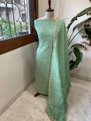 Aqua Green Suit Set with Gold Thread & Sequin Work in Pure Mul - Masakalee