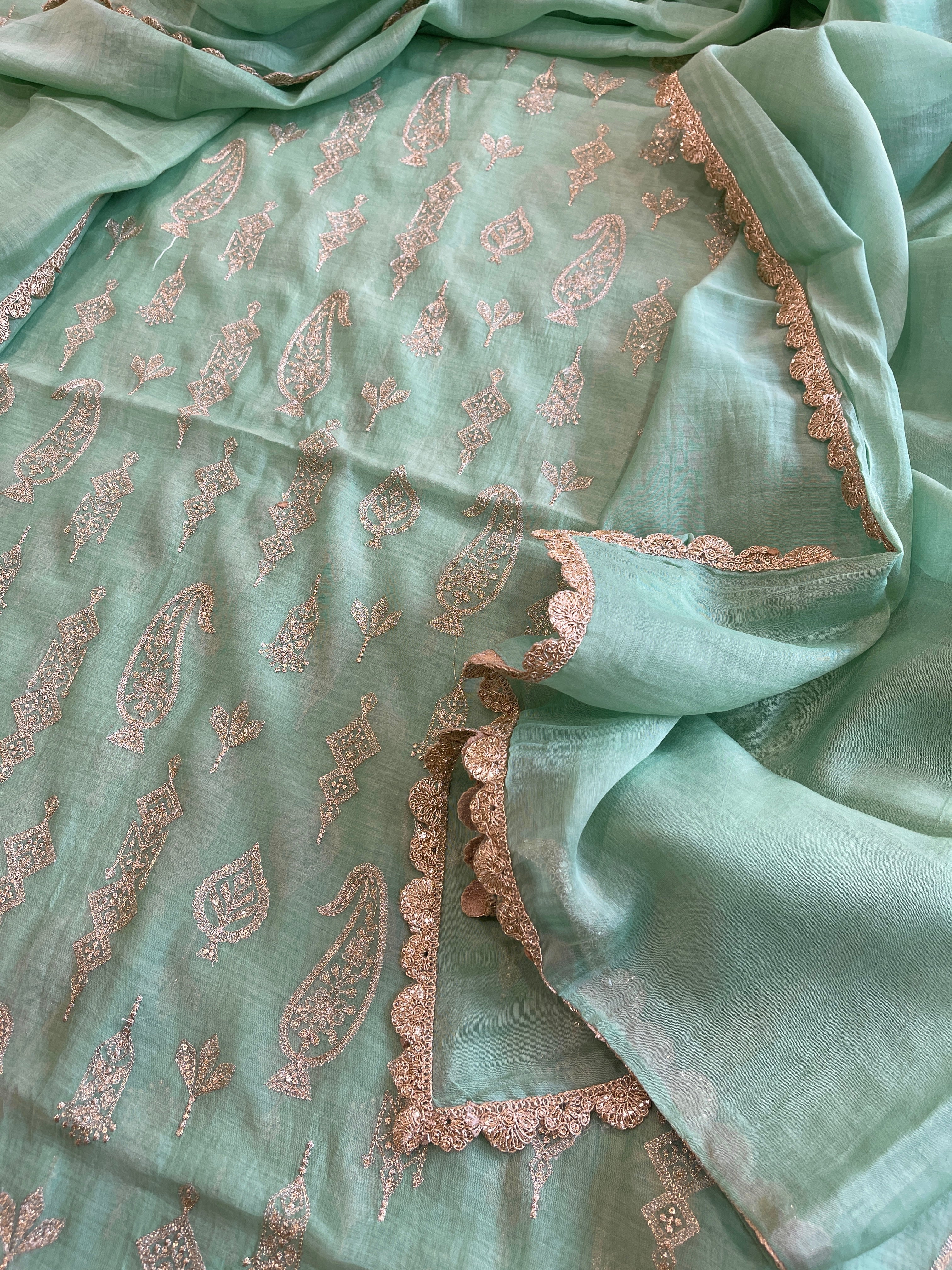 Aqua Green Suit Set with Gold Thread & Sequin Work in Pure Mul - Masakalee